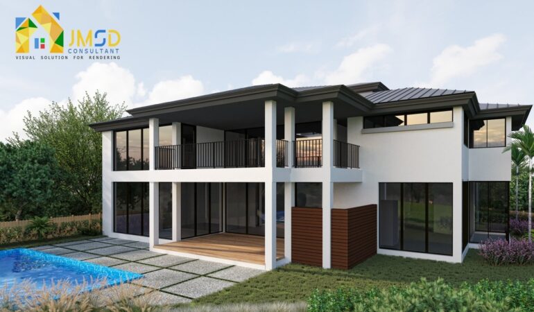 3D House Rear Side Elevation Rendering in St Petersburg Florida